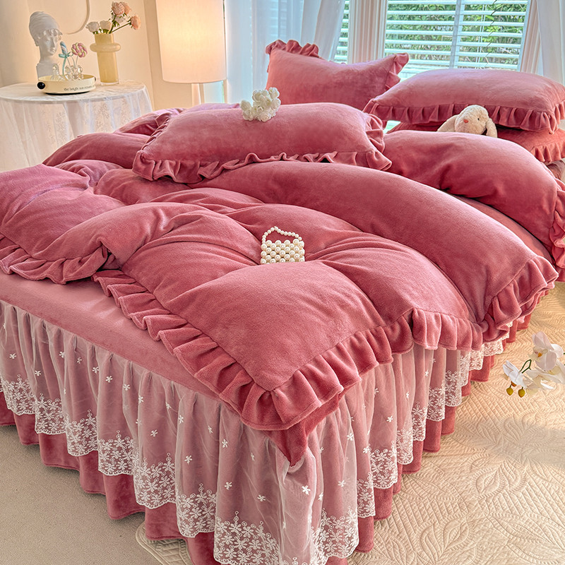 Princesa estilo leite veludo renda saia de cama conjunto de quatro peças inverno Coral flanela dupla face engrossado vel