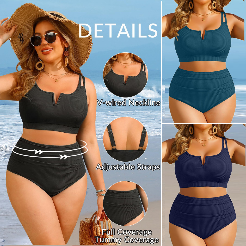Biquíni de cintura alta plus size para mulheres/maiô de duas peças com textura canelada/maiô com controle de barriga/mai