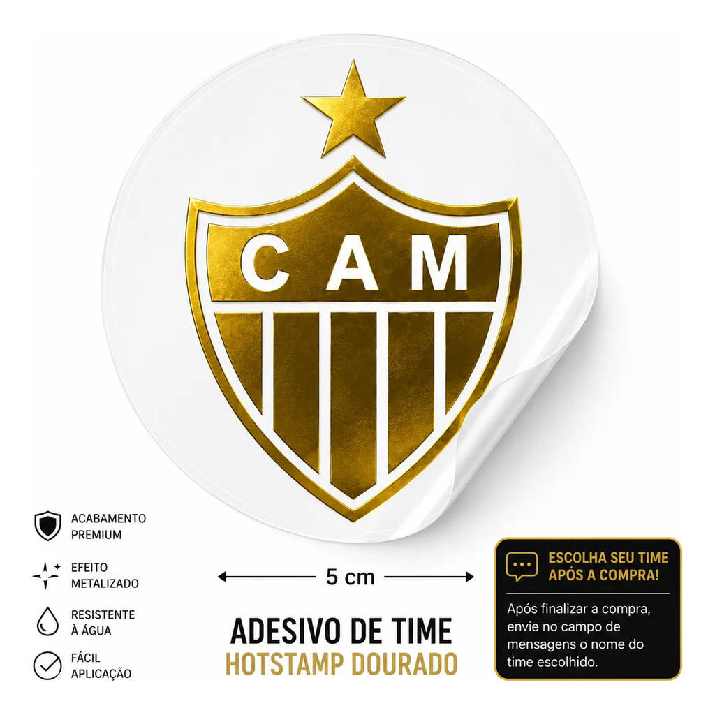 Adesivo Time Futebol Hotstamp Dourado 5cm Kit 20 Unids
