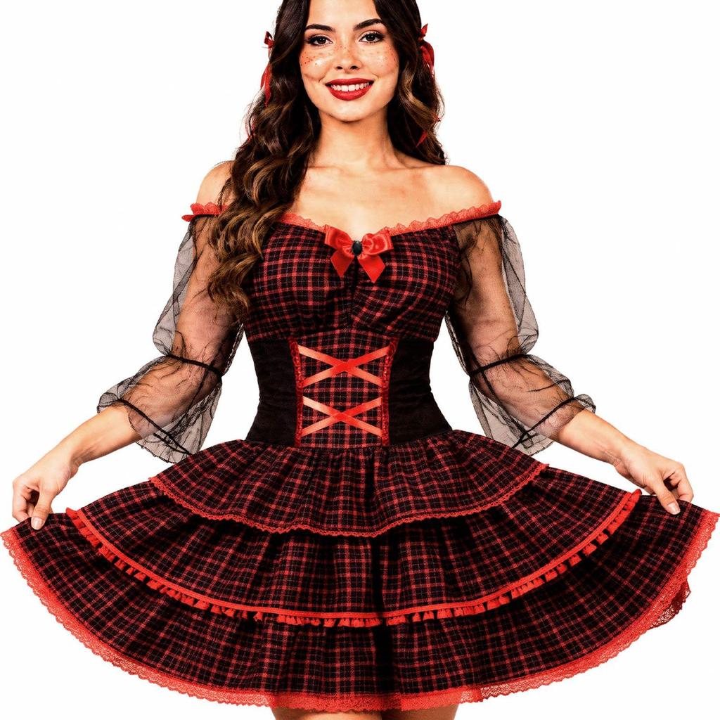 Vestido Festa Junina Adulto Feminino Luxo Xadrez Com Corset e Mangas de Tule