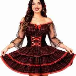Vestido Festa Junina Adulto Feminino Luxo Xadrez Com Corset e Mangas de Tule