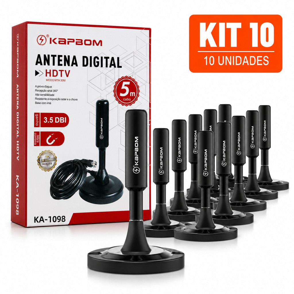 Kit 4/10 Antena de TV Digital Kapbom Compatível 4K Full HD Uso Interno e Externo Cabo Longo Sinal Potente