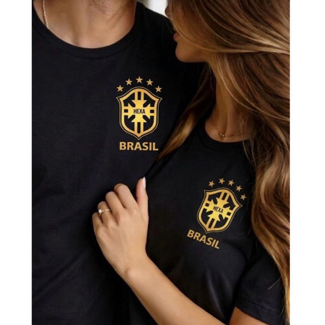 KIT 2 Camisa Casal Brasil Copa Camiseta Torcedora 100% Algodão Premium