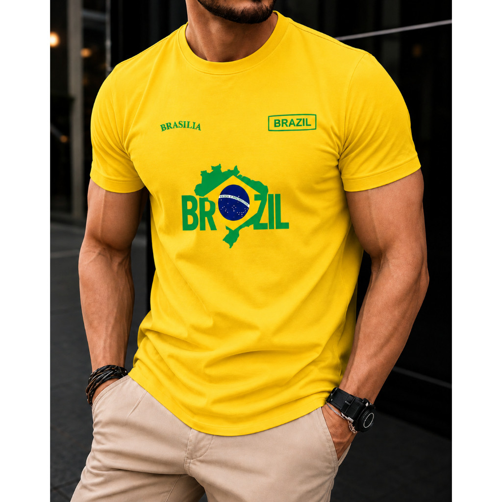 Camiseta de Futebol Masculina Seleção Brasileira Bandeira e Contorno do Mapa do Brasil Roupa Futebol Política Promoção