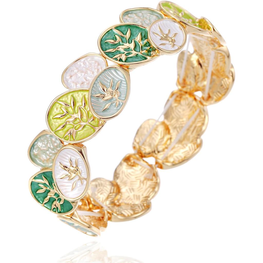 Pulseira LUREME Oval com Esmalte e Folhas, Bracelete Elástico em Tons Terrosos e Verde Jade, Design de Galho Dourado 3D,