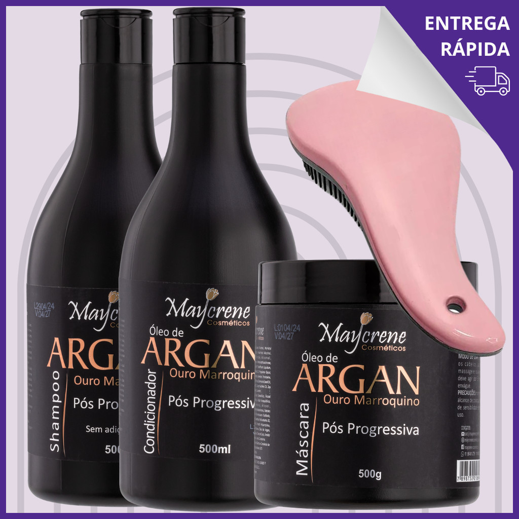 Kit Tratamento Capilar Pos Progressiva Óleo de Argan Shampoo Condicionador Máscara 500ml + Escova Magica