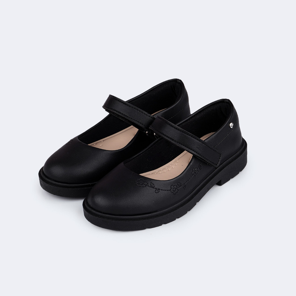 Sapato Social Infantil Menina Costura de Flores Verniz Preto Pampili
