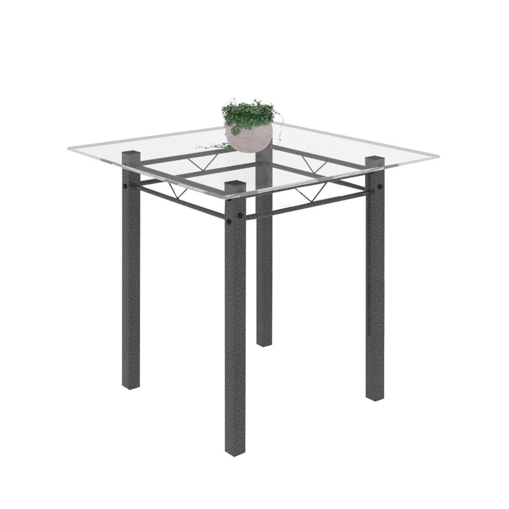 Mesa Tubular 75x75cm Tampo de Vidro 4 Lugares Júlia Prata Martelado Prata