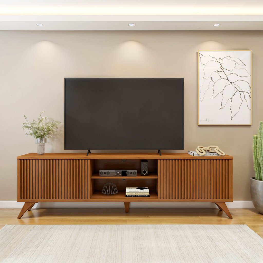 Rack Ripado para TV até 75 Polegadas 100% MDF 218cm Pés em Madeira Maciça 2 Portas de Correr Gaia Naturalle