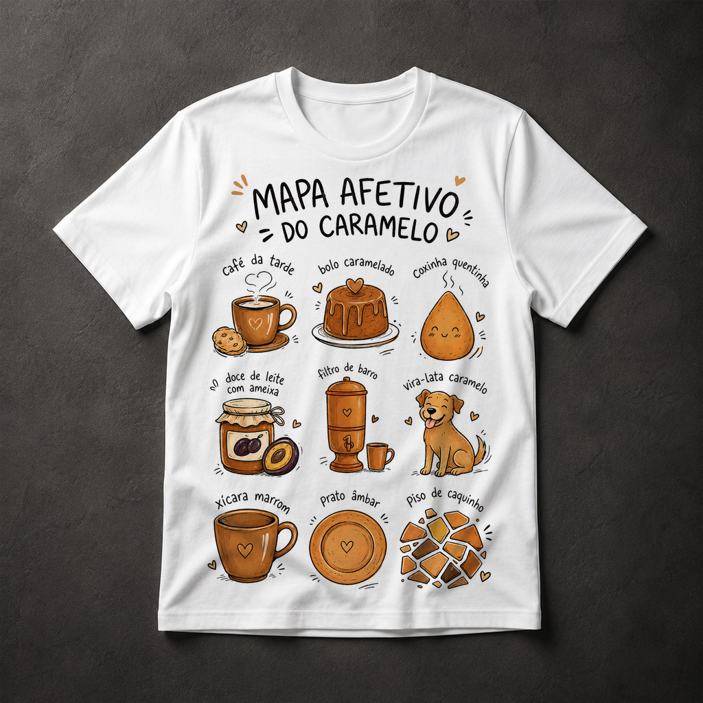 Camiseta Mapa Afetivo do Caramelo Brasil Cultura Brasileira Nostalgia Café Coxinha Estampada