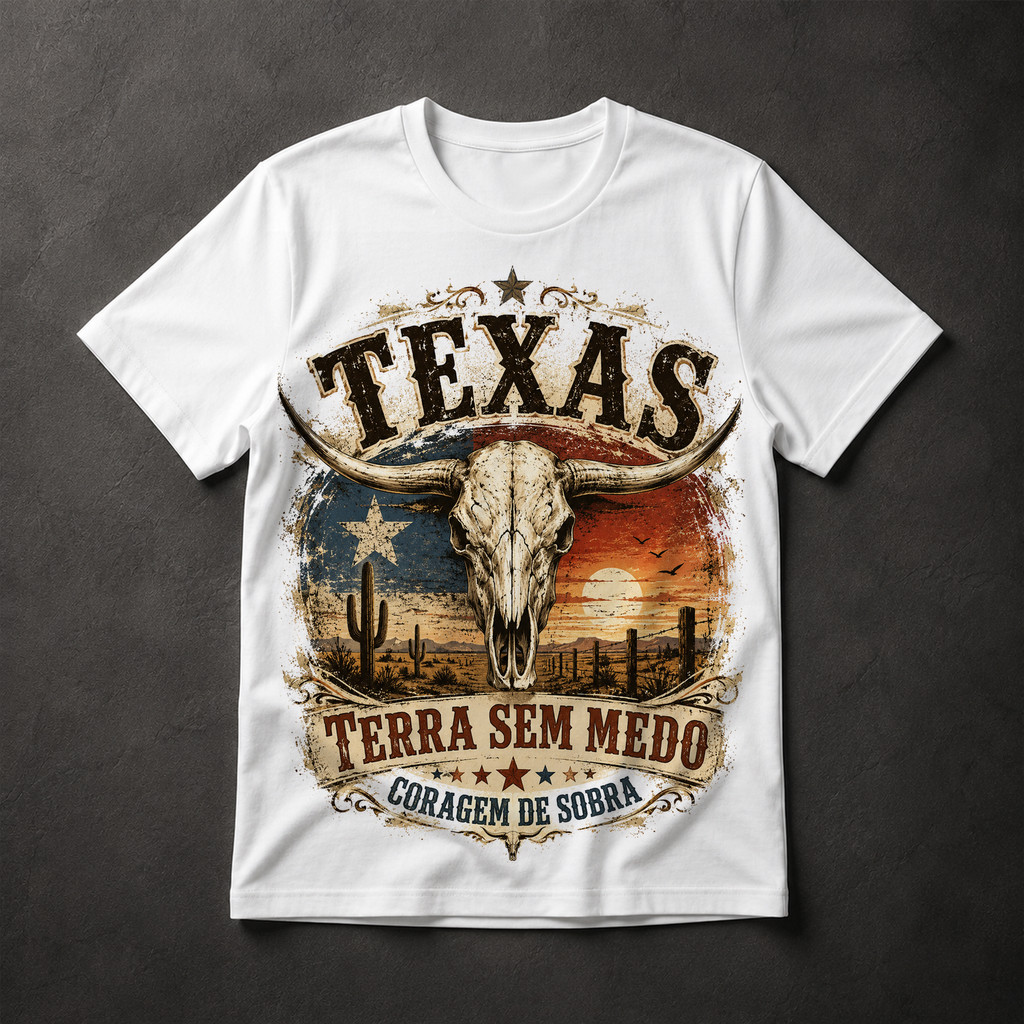 Camiseta Texas Terra Sem Medo Country Sertanejo Longhorn Caveira Vintage Masculina