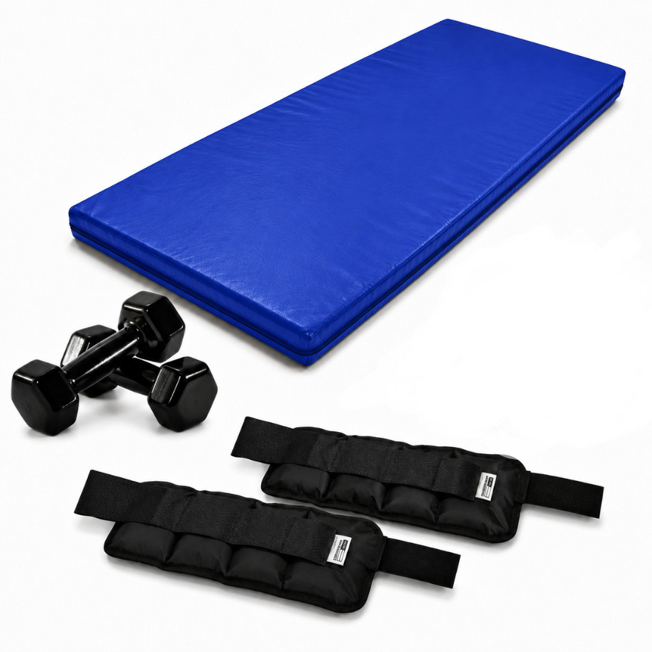 Oferta! Kit Fitness  Colchonete Academia 90x40x3+ Par de Halteres Sextavado Emborrachado 4kg+ Par de Caneleira 4kg