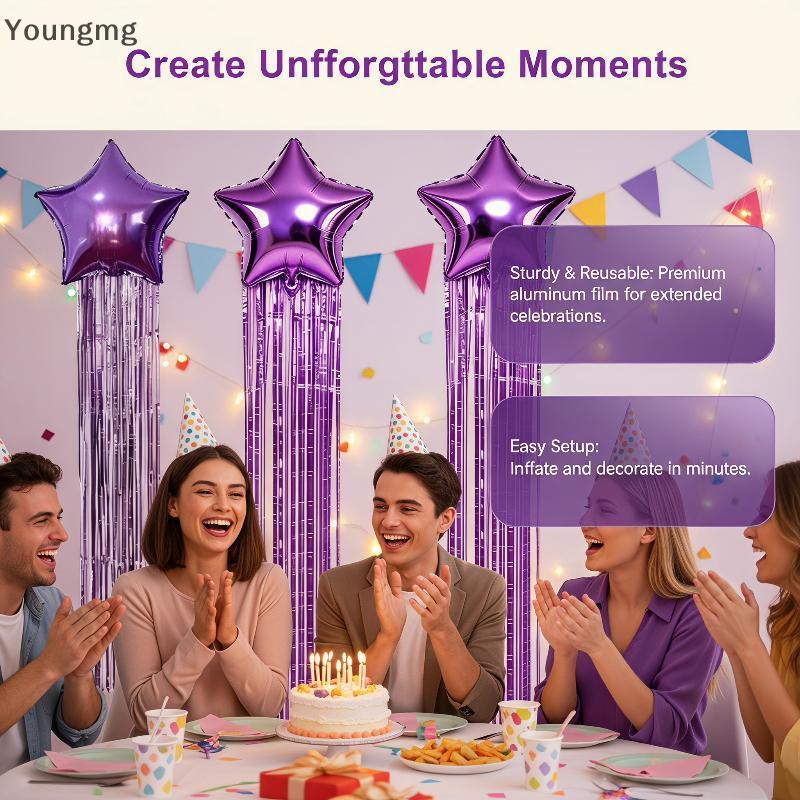 [Youngmg] 4 Unidades De Balão Laminado De Estrela De Cinco Pontas sel Conjunto De Cortina De Chuva Decoração Durável Par