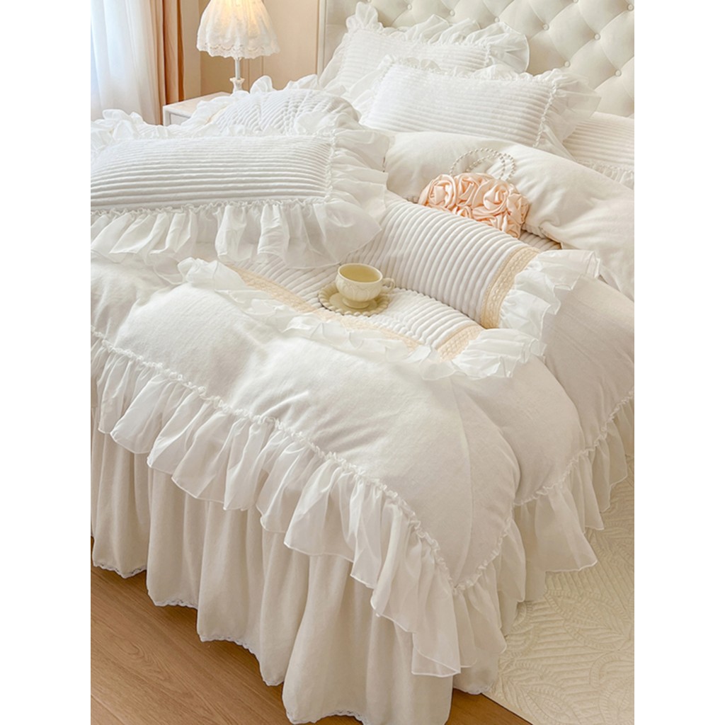 Inverno engrossado fada conjunto de quatro peças estilo princesa leite veludo listrado colcha capa flanela Coral veludo 