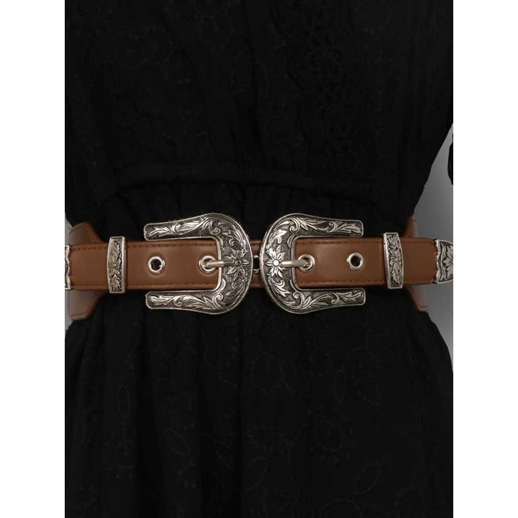 Cinto de fivela dupla feminino elástico vestido decorativo elegante All-match combinando saia cintura cinto largo jogo e