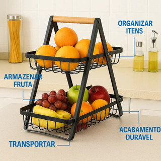 Fruteira De Mesa 2 Andares Organizador Metal Madeira Premium