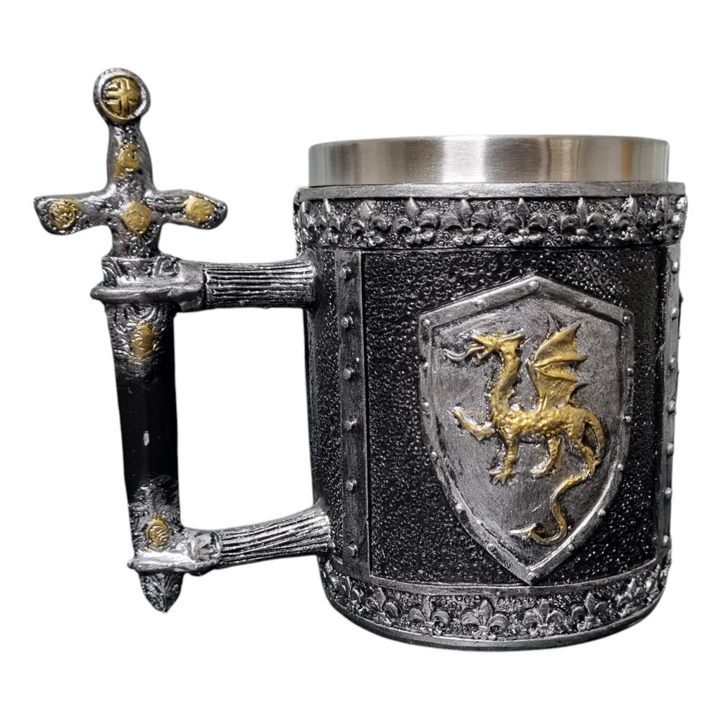 Caneca Medieval Artesanal  Escudo Dragão Geek 3D em Resina Copo em Aço Inox Grande Térmico Chopp Cerveja Presente