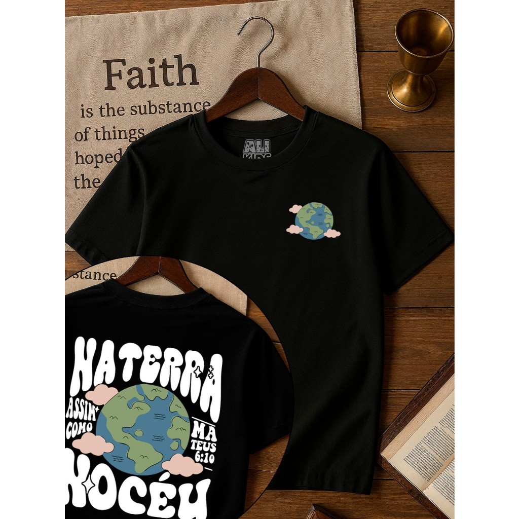 Camiseta 100% Algodão Gospel Juvenil e Infantil Menino Menina 2 ao 16 anos Assim na terra como no céu 100% algodão