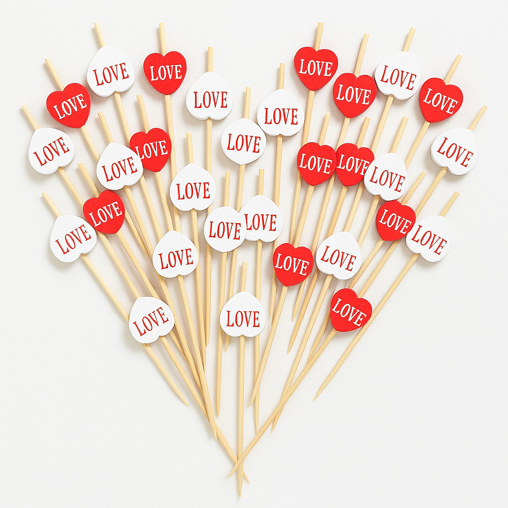 Palito em Bambu para Petiscos com Detalhe Coração Vermelho e Branco "LOVE" – 20 Unidades em Oferta na Shopee