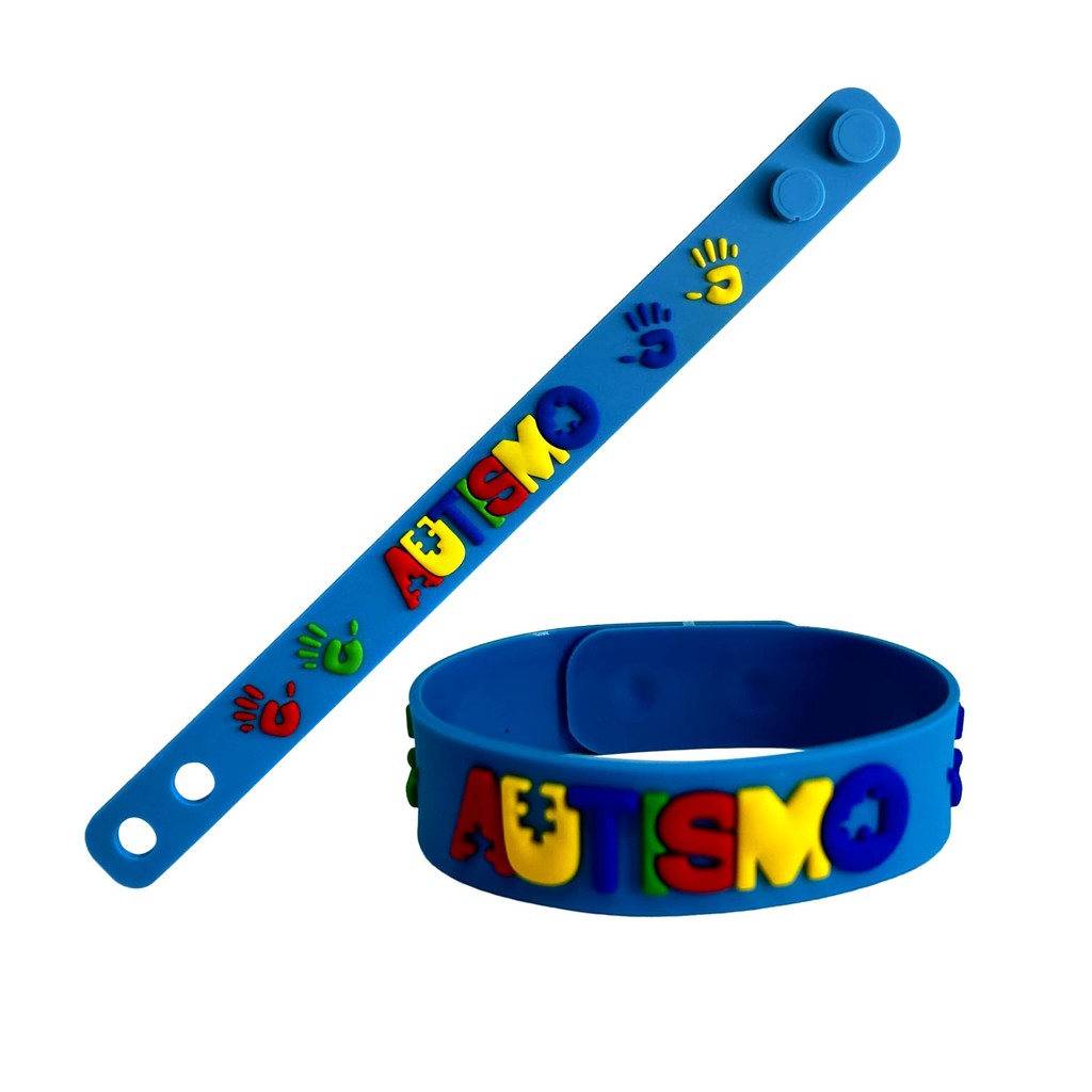 Pulseira Para Autistas Emborrachada Mãos Coloridas Azul - Acessórios De Autismo