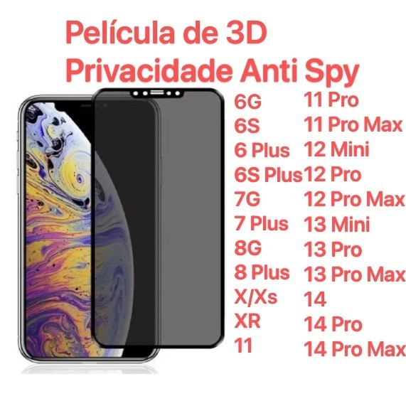 KIT 2  Película de 3D Privacidade Anti Spy Para IPhone 6/7/8 Plus  X/XS/XR/11/11 PRO MAX/12/13/14 PRO MAX