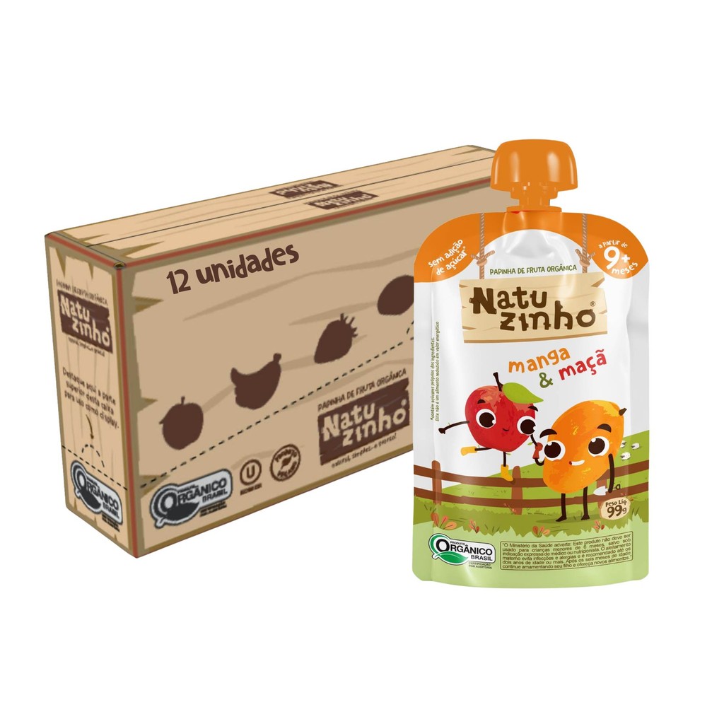Kit Papinha Organica Natuzinho Manga Maça Bebe 12 unidades
