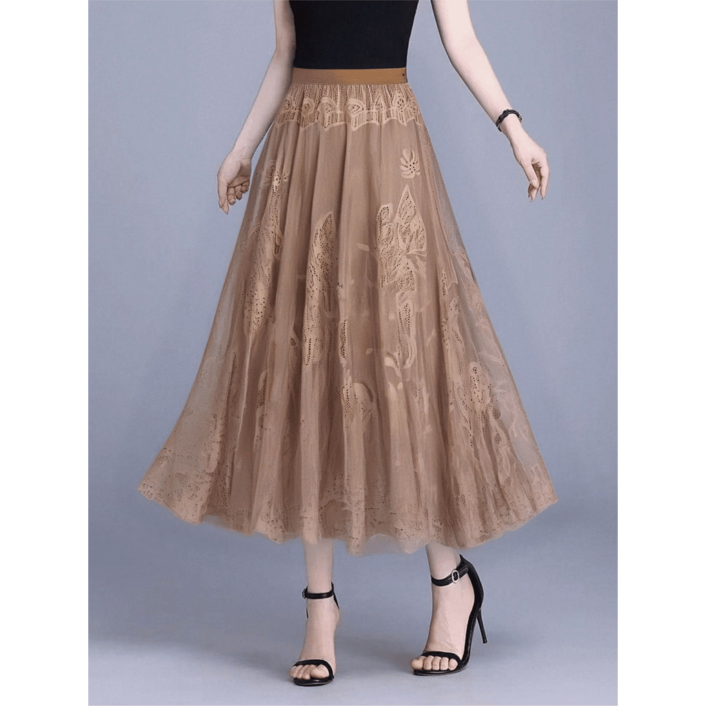 Saia de fada estilo palácio de renda feminina 2025 nova malha plissada temperamento grande saia longa em linha A em Oferta na Shopee