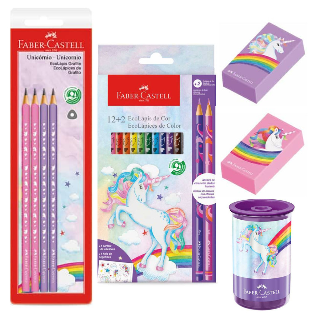 Kit Lápis de Cor 12 Cores, Lápis Preto 4 unidades, Apontador e 2 Borrachas Unicórnio - Faber Castell em Oferta na Shopee