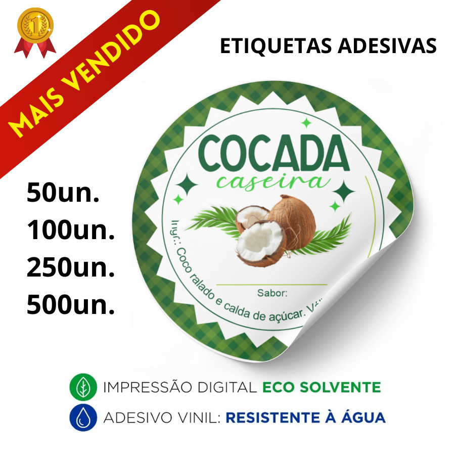 Etiquetas COCADA CASEIRA impressão digital 4x4 rótulo adesivo personalizado a prova dágua