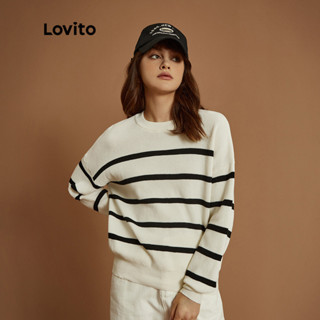 Lovito x Glenda Suéter Casual Solto Listrado Comprida Para Mulheres L32ud004 (branco-sujo) em Oferta na Shopee