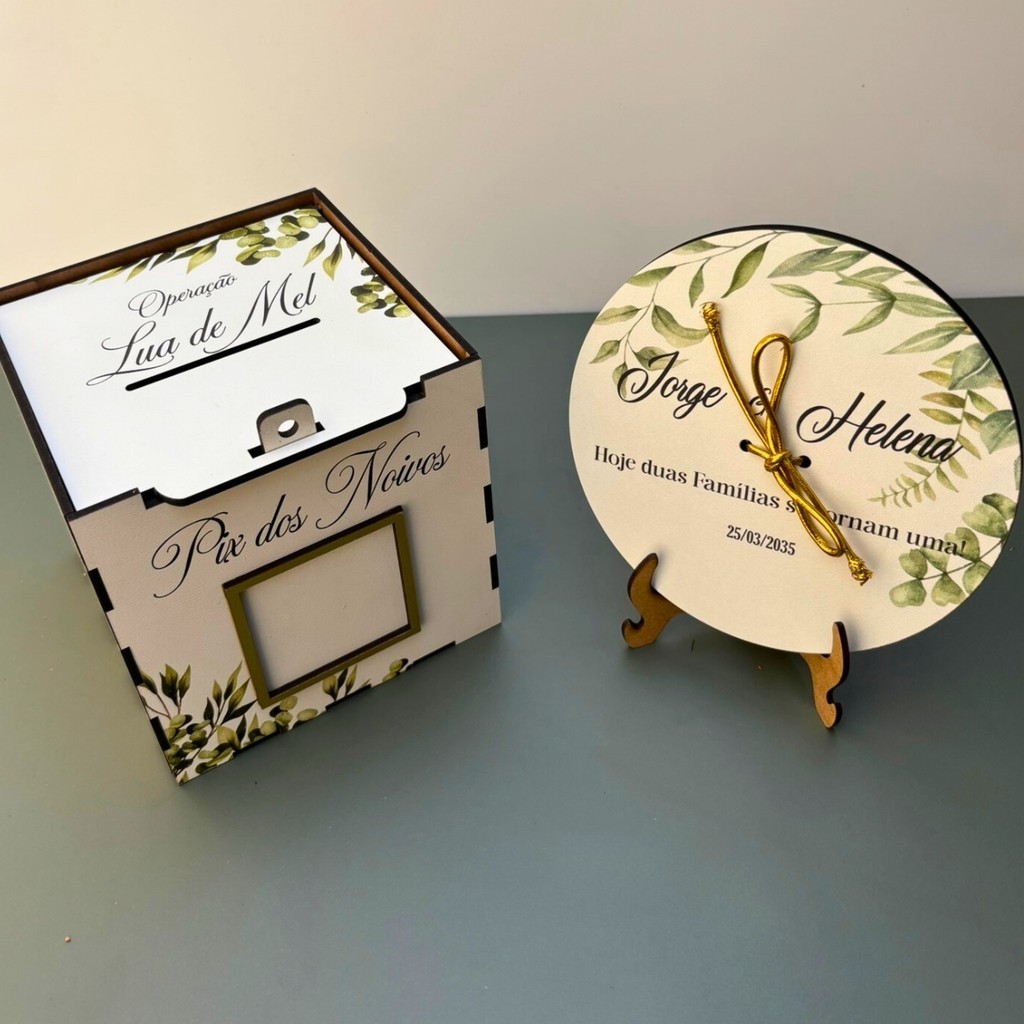 Porta Aliança Verde Oliva Personalizado + Caixa PIX Corte da Gravata Operação Lua de Mel