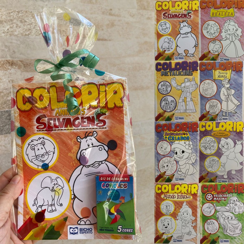 Livrinhos De Colorir Diversos Infantil + Cxs Mini Giz Cera C/ Saquinho P/ Lembrancinha