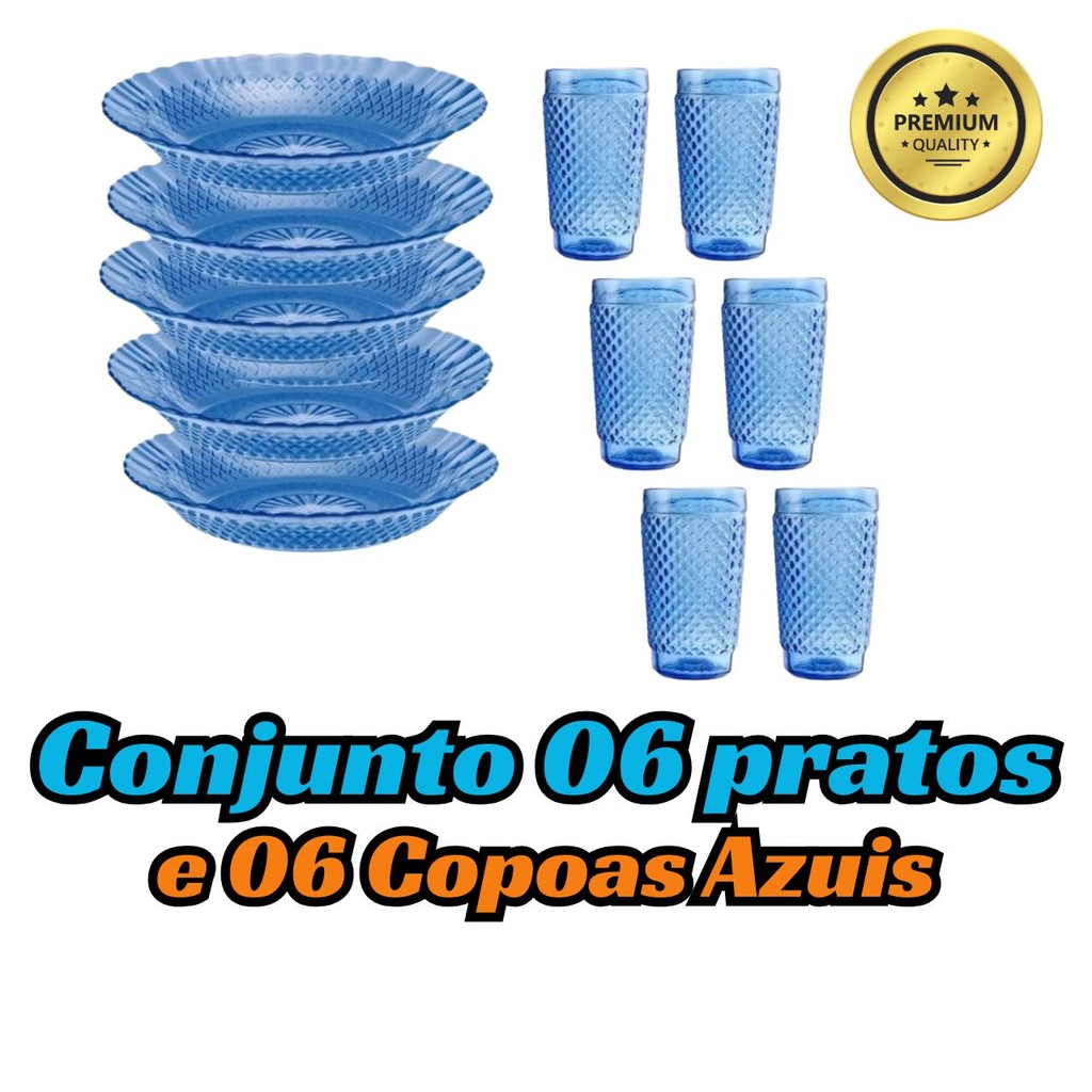Conjunto com 06 Pratos e 06 COPOS Azuis de vidro almoço - jantar