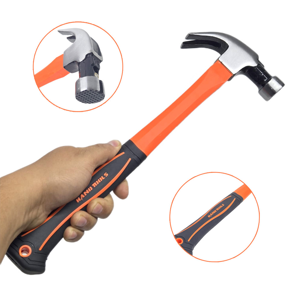 Martelo Cabo Longo Fibra Emborrachado 39cm Cabeça com Imã Porta Prego Uso Profissional Tipo Bellota