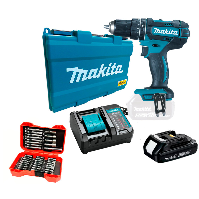 Parafusadeira Furadeira Impacto Makita 18v, C/ Bateria, Carregador, Maleta, Kit Bits 37pcs | Dhp482z