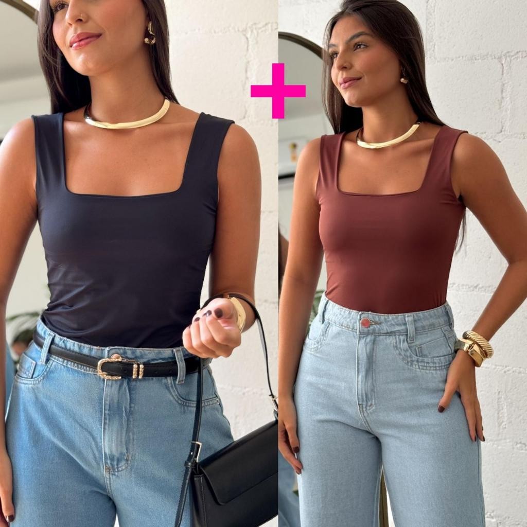 Kit 2 Blusa Feminina Regata Suplex Decote Quadrado Alça Larga Basica Elegante Blusinha Slim Promoção em Oferta na Shopee