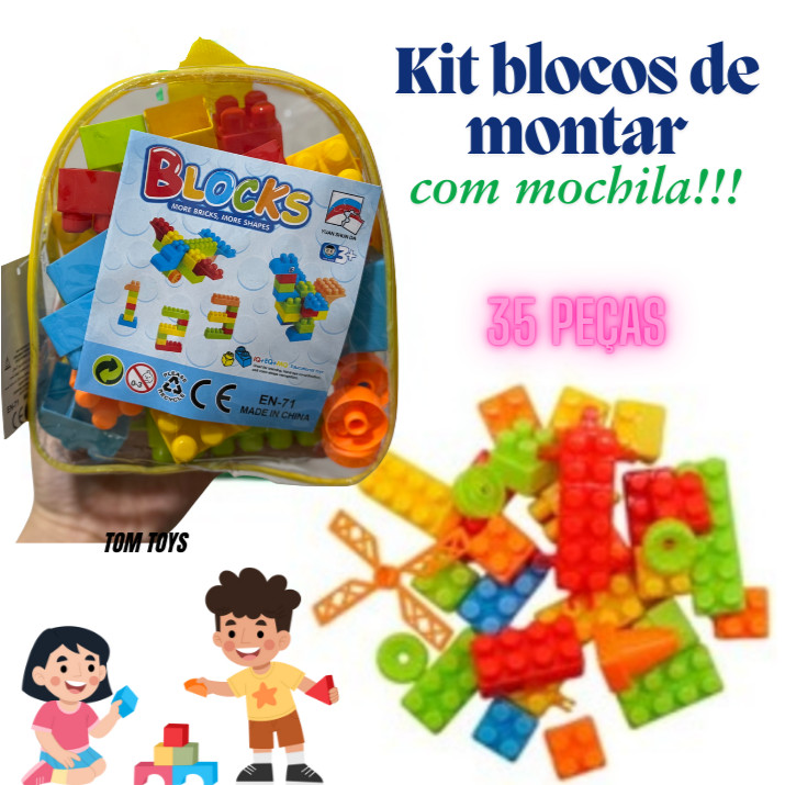 Mochila Blocos de Montar Infantil Brinquedo Educativo Plástico Colorido 35 Peças Encaixar Coordenação Criatividade em Oferta na Shopee