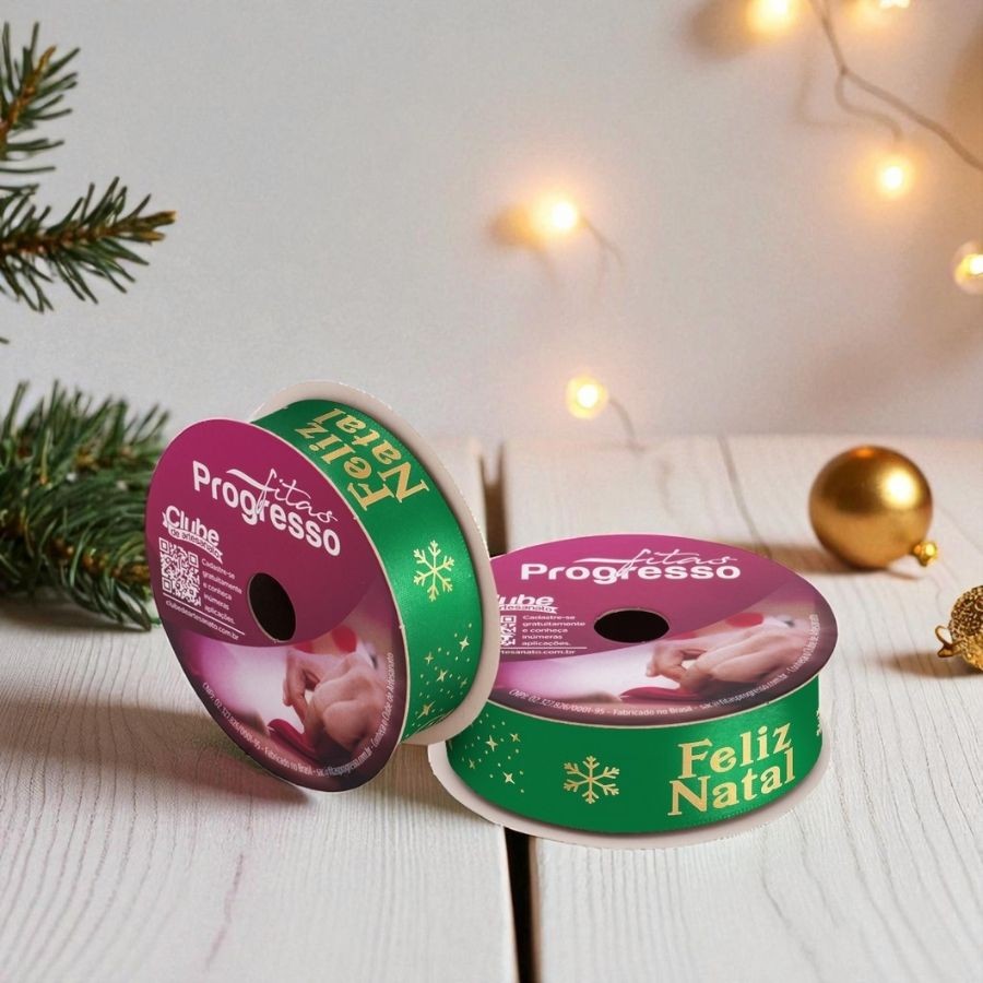 Fita de Cetim 10m x 22mm - Cor 1081 - Feliz Natal Verde - Rolo 10 metros   - 1 unidade - Progresso - Rizzo