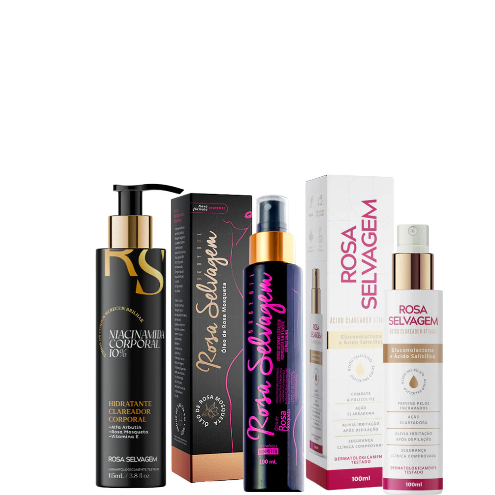 KIT ROSA SELVAGEM NIACINAMIDA 115ML+ÓLEO CLAREADOR 100ML+ÁCIDO 100ML