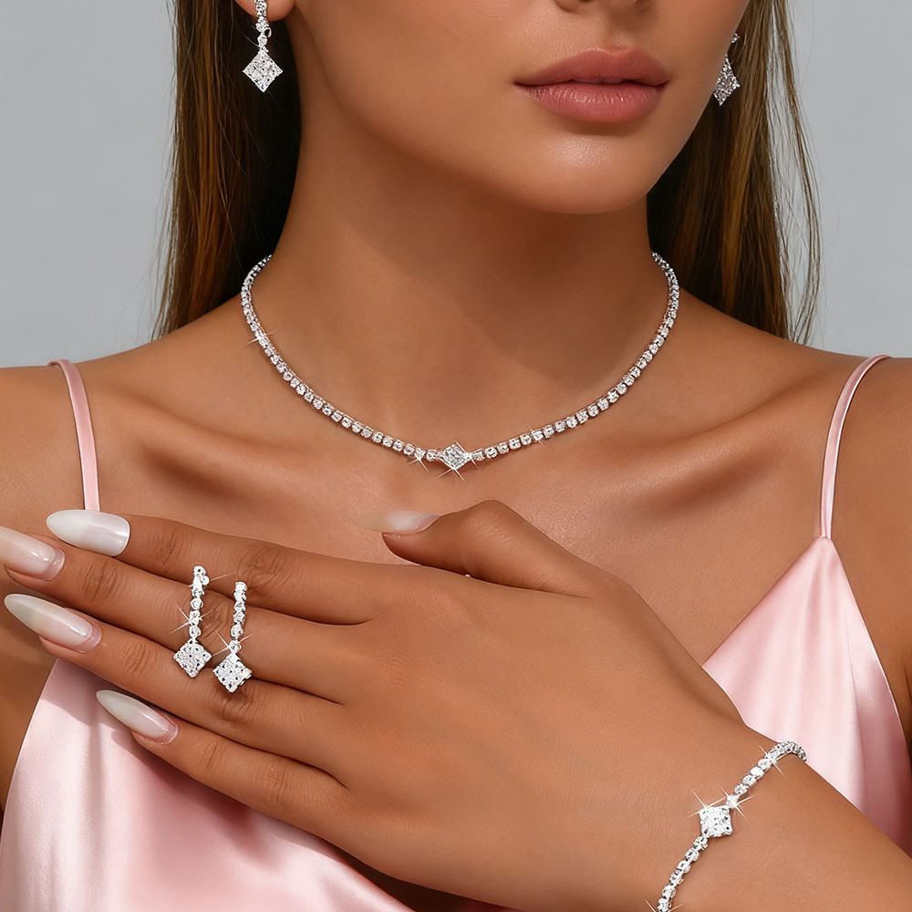Colar de diamante geométrico brincos pulseira festa de noiva conjunto de 3 peças simples acessórios de celebração de mod