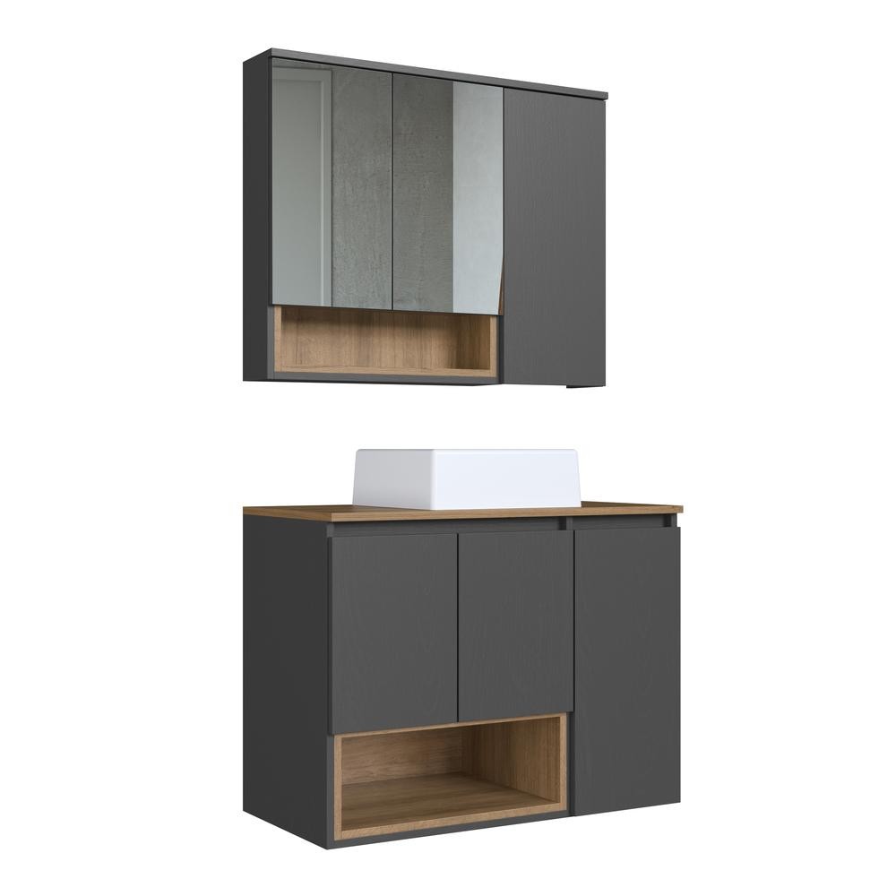 Gabinete de Banheiro 80cm com Cuba e Espelheira 3 Portas Mel/Grafite Cecília CJ9220 - Faema Móveis em Oferta na Shopee