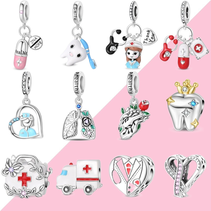 Pulseira pulseira pingente S925 prata esterlina enfermeira pingente dentes saudáveis pingente compatível pulseira produç