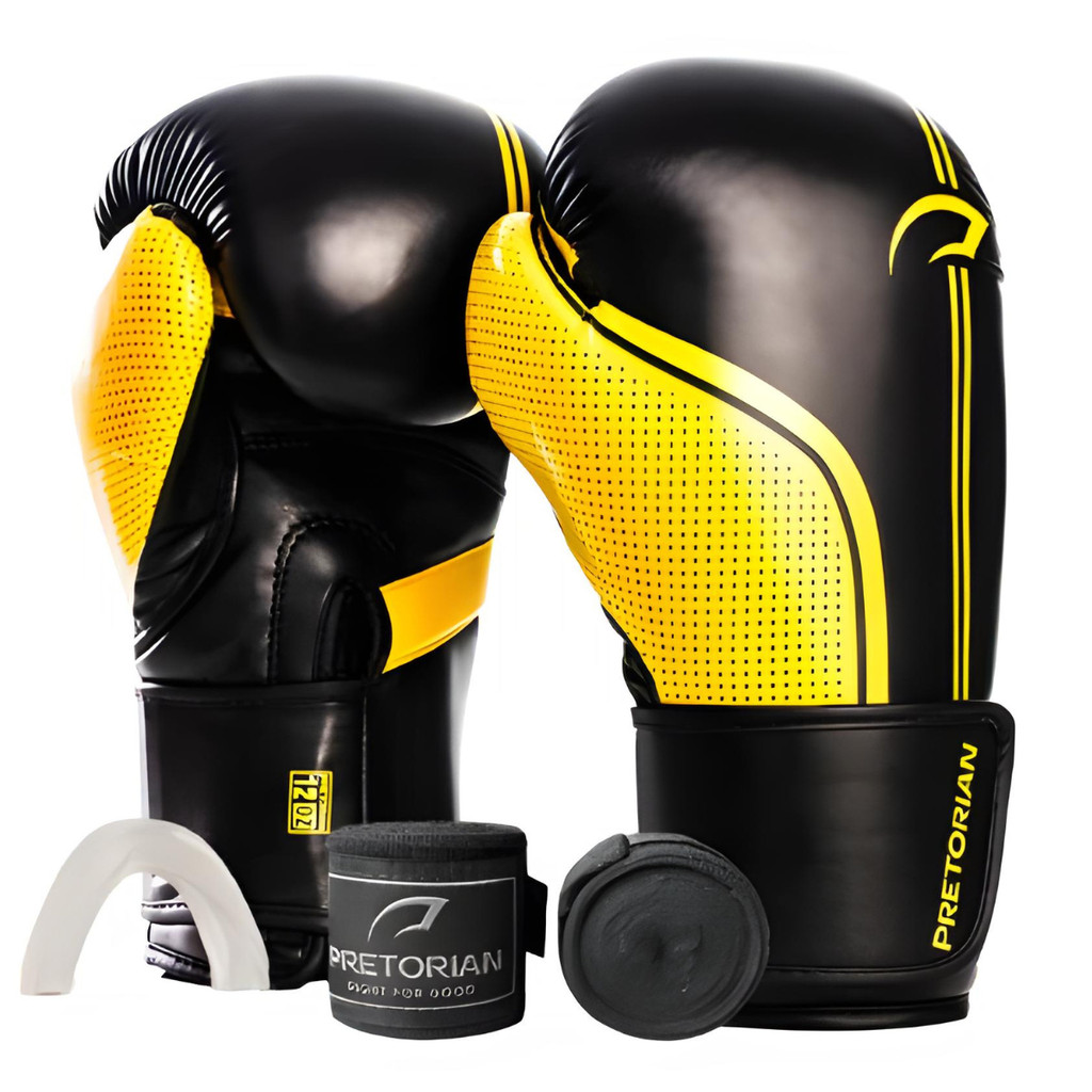 Kit Luva de Muay Thai  e Boxe First FX1 + 1 Par de Bandagens + 1 Protetor Bucal - Pretorian