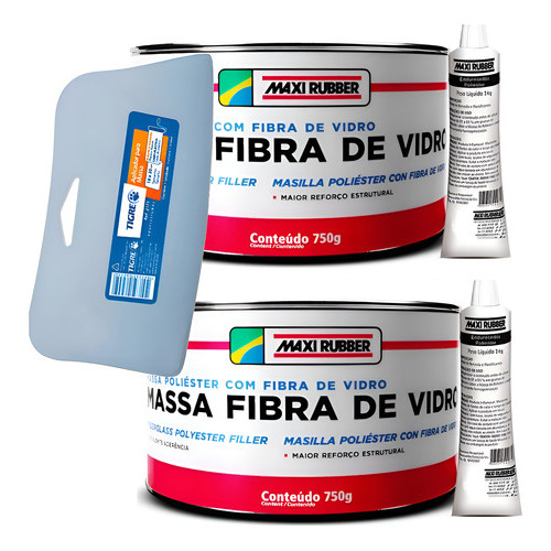 2 Massas Poliéster Fibra De Vidro 750g Maxi Rubber + Aplicador