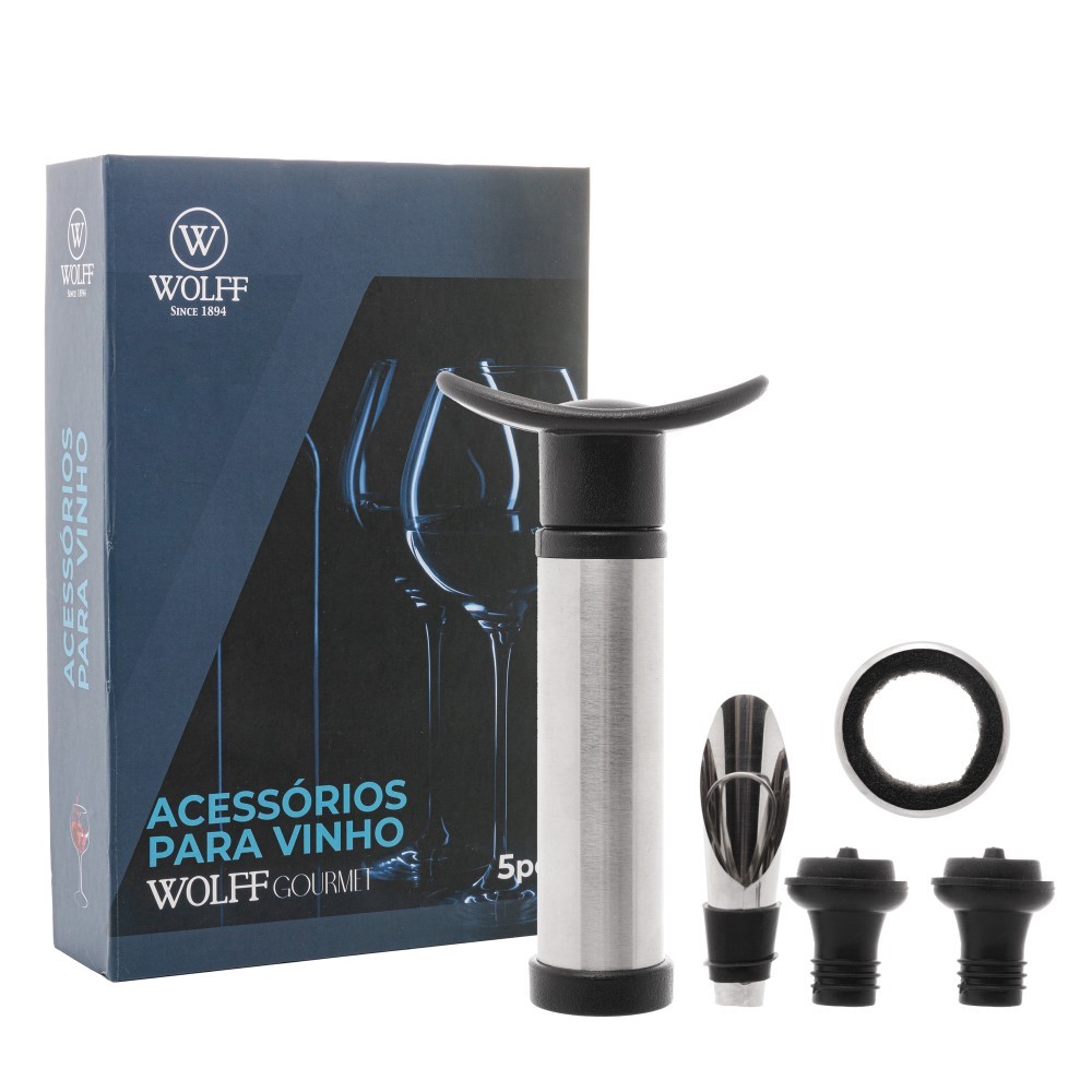 Kit de Acessórios para Vinho Bomba á Vácuo Bico e Tampas com Caixa Decorativa Wolff