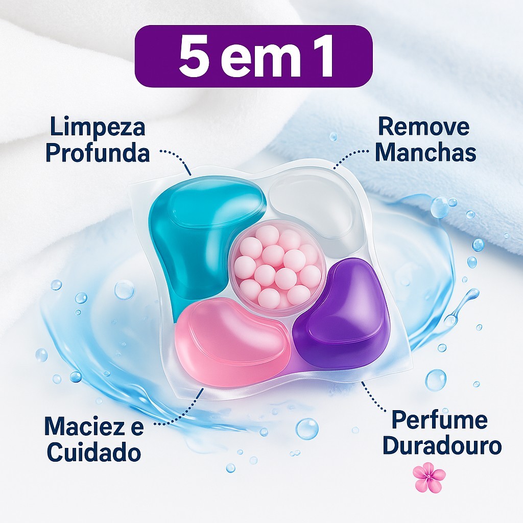 Detergente 5 em 1 Cápsulas de Lavagem Lava Roupas  Remove Manchas  Protege Cores  Dissolve...