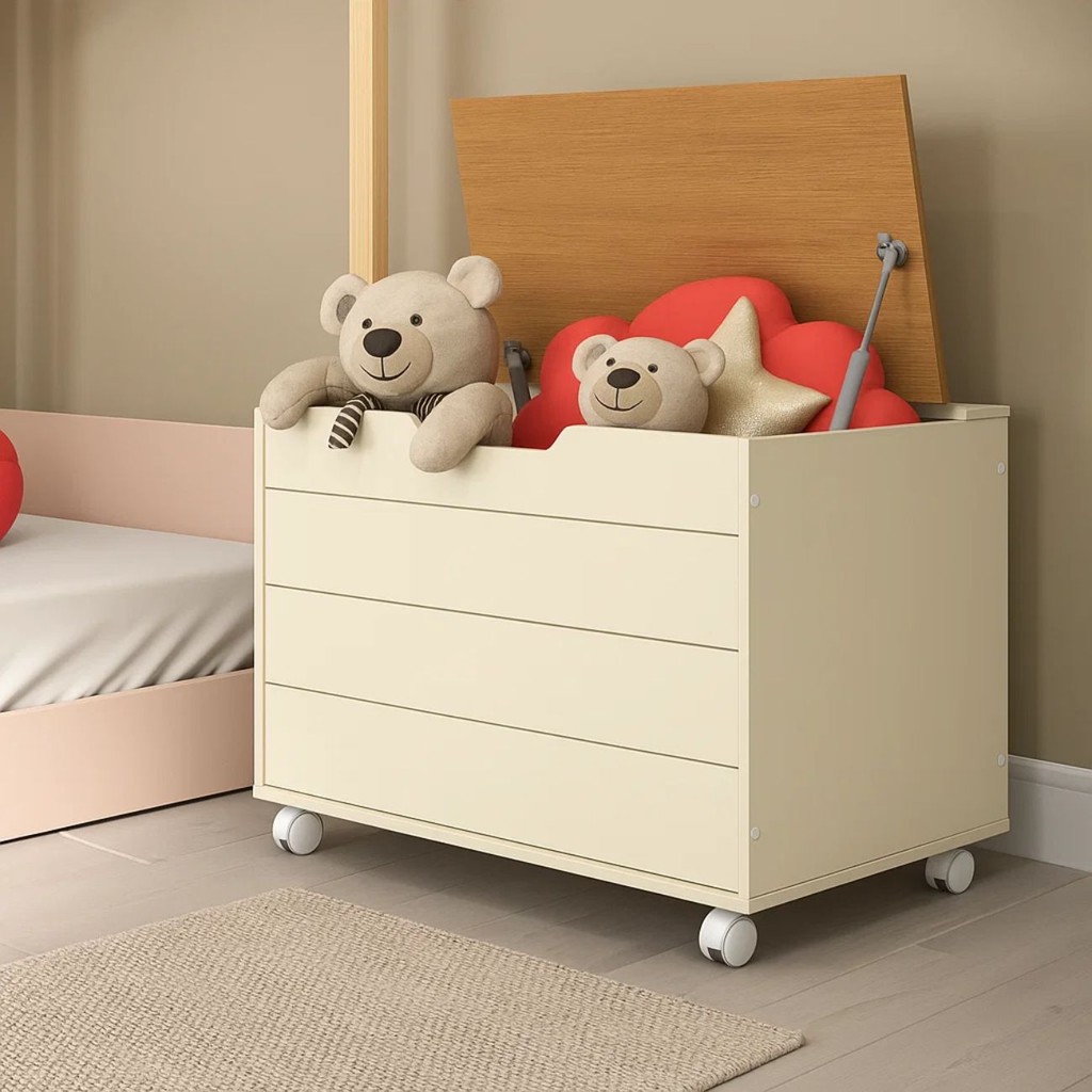 Baú Cesto Caixa Organizador de Brinquedo Grande Infantil Criança 70cm com Rodinha Rodízio Pistão MDF