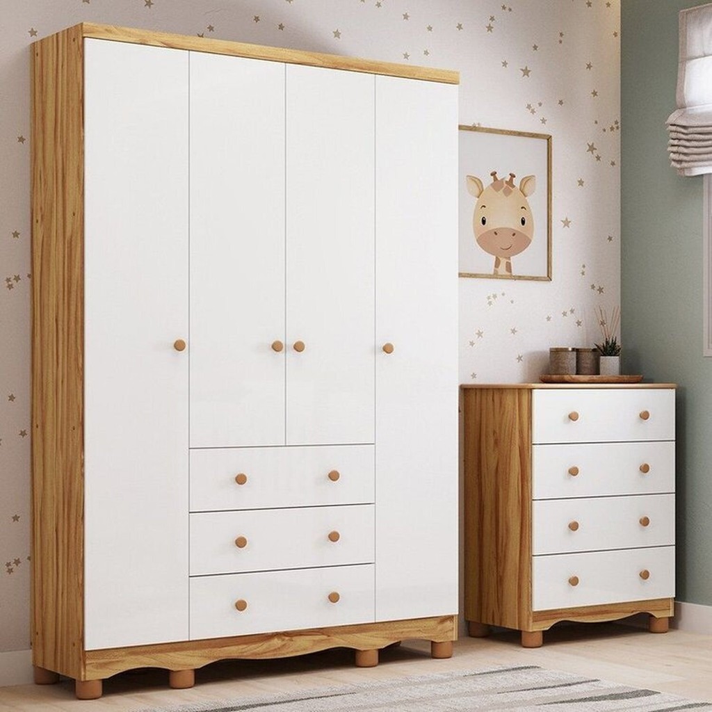 Quarto Infantil com Guarda-roupa 4 Portas e Cômoda 4 Gavetas 100% Mdf Mimo Espresso Móveis Branco Brilho/Amêndoa em Oferta na Shopee