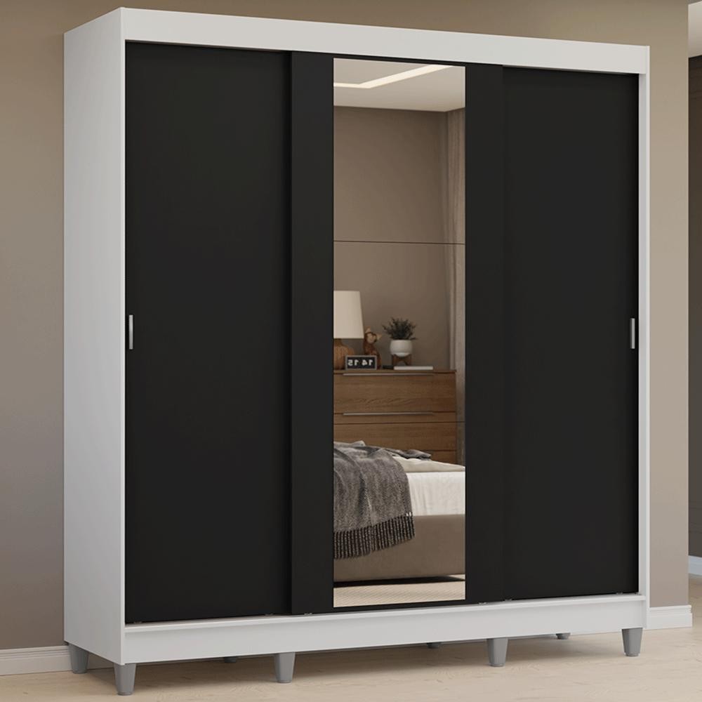 Guarda-Roupa Casal com Pés 3 Portas de Correr com Espelho Branco/Preto Reno Madesa