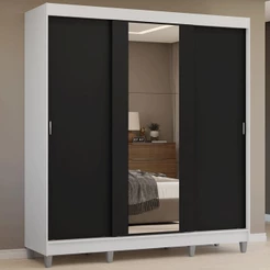Guarda-Roupa Casal com Pés 3 Portas de Correr com Espelho Branco/Preto Reno Madesa
